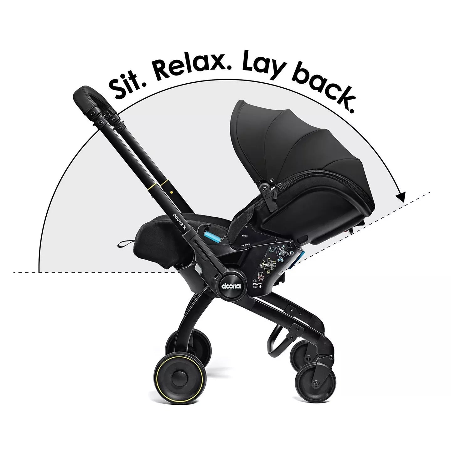 Black stroller with text 'Sit. Relax. Lay back.' on a white background