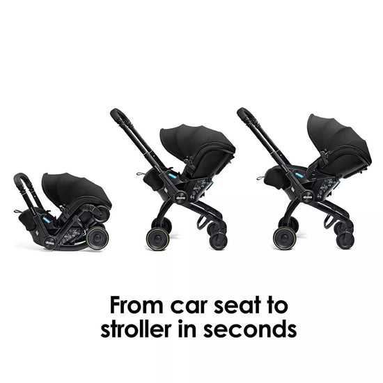 Black car seat and stroller transformation system on a white background with text 'From car seat to stroller in seconds'.