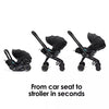 Black car seat and stroller transformation system on a white background with text 'From car seat to stroller in seconds'.