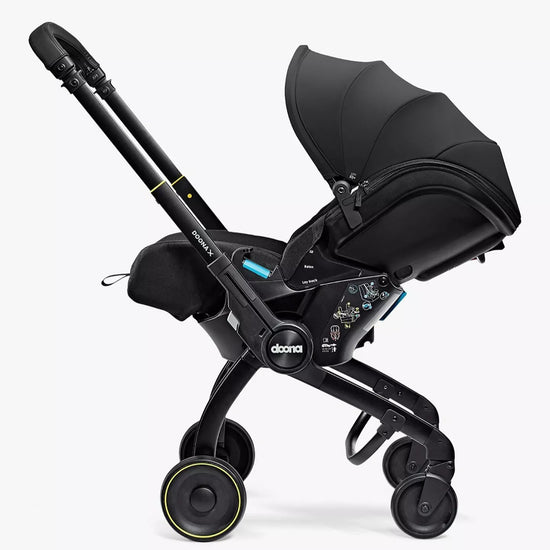 Black stroller with canopy on a white background